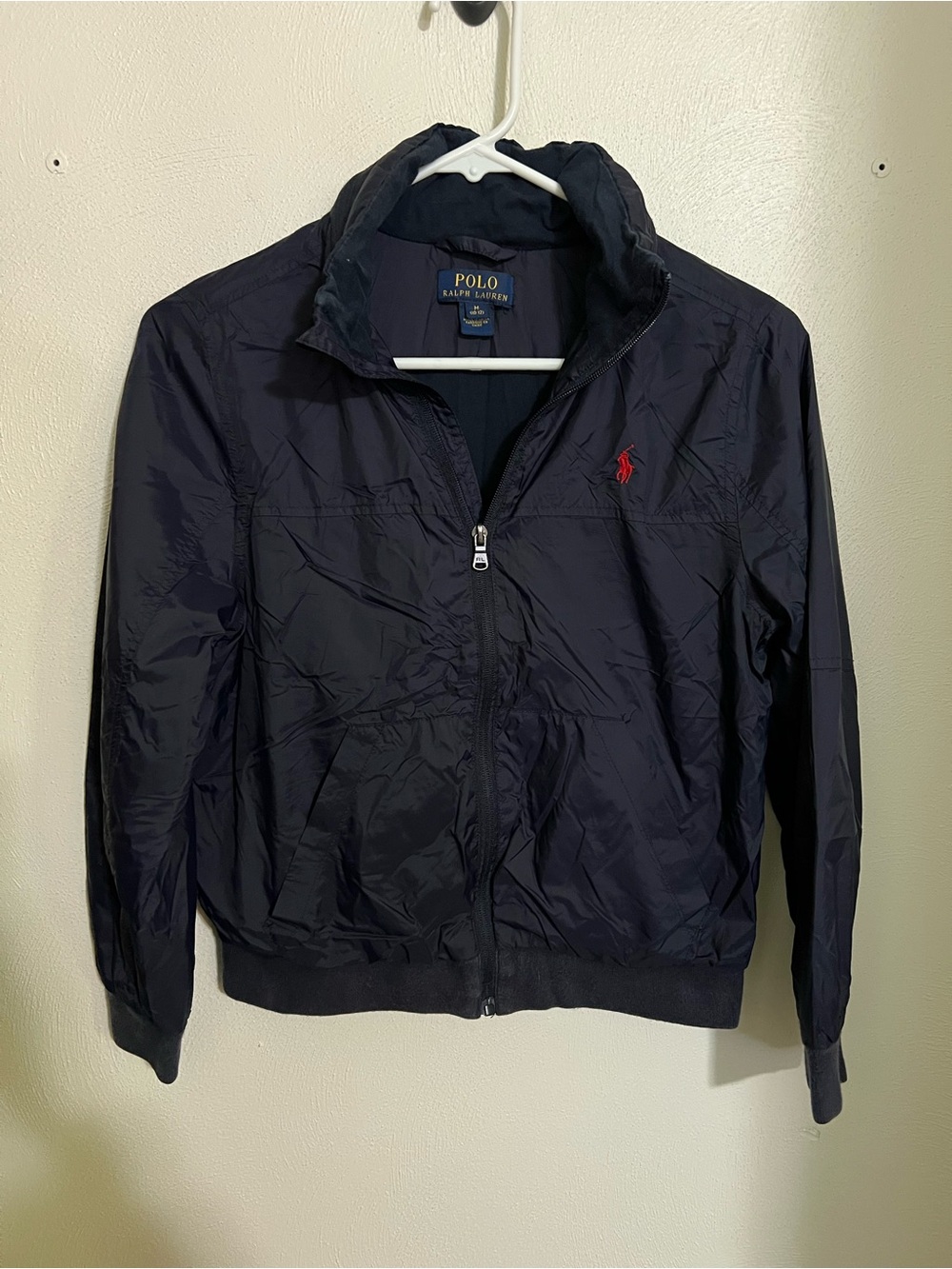 POLO RALPH LAUREN Full Zip Winbreaker Logo Jacket Stowaway Hood Navy Blue Boys M